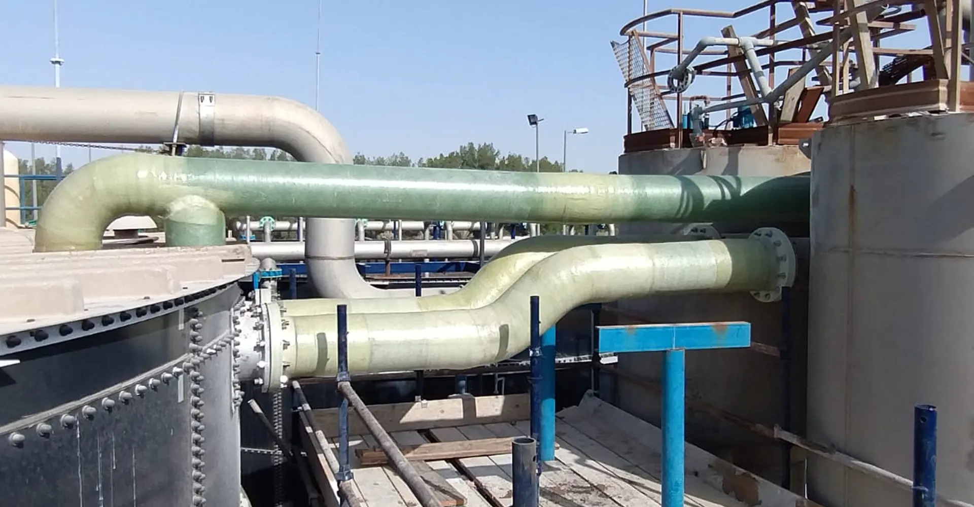 GRP pipework installed over process tanks at an industrial site
