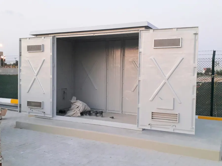 GRP kiosk enclosure with louvred doors