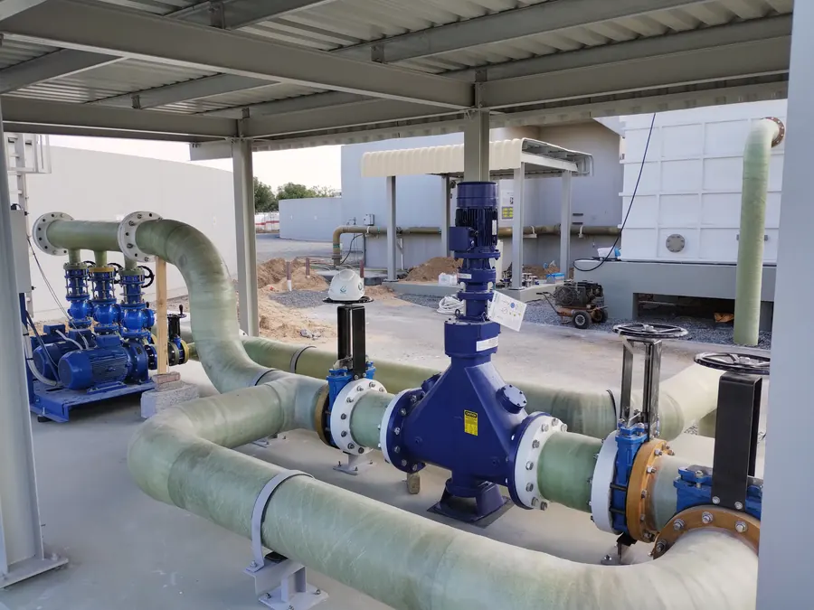 GRP process pipework with flanged valves under a shade structure