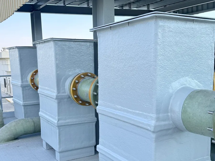 Rectangular GRP tanks installed under a shade canopy